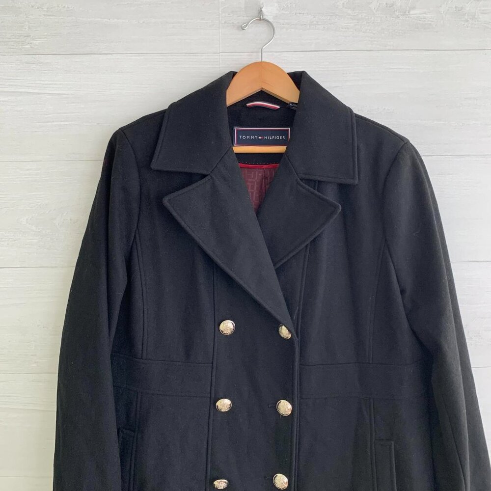 NWT Tommy Hilfiger - Black wool blend double breasted pleated back pea coat, XXL - Picture 2 of 8